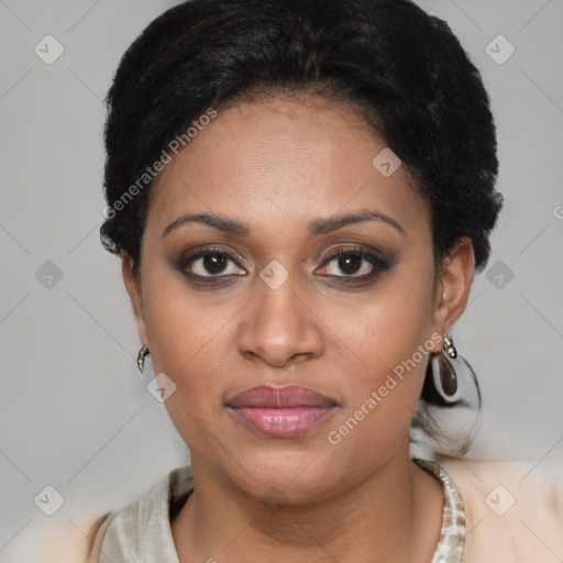 Joyful latino young-adult female with short  brown hair and brown eyes