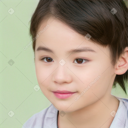 Joyful white child female with medium  brown hair and brown eyes