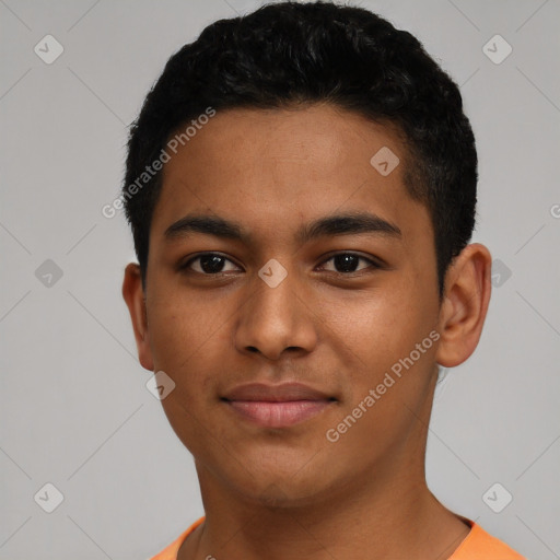 Neutral latino young-adult male with short  black hair and brown eyes