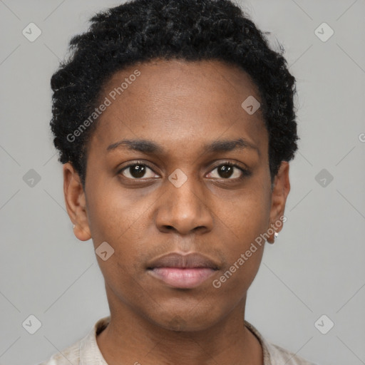 Neutral black young-adult female with short  black hair and brown eyes