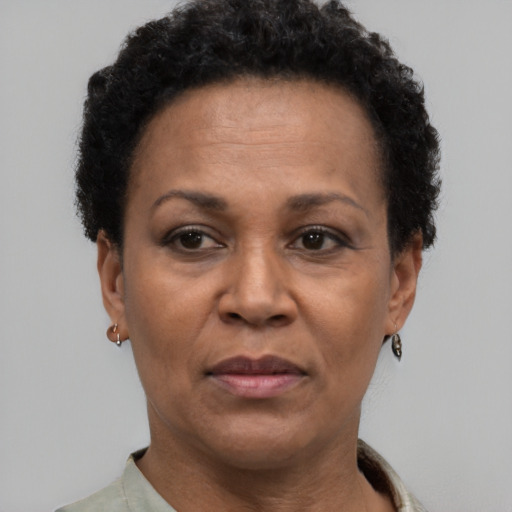 Neutral black adult female with short  brown hair and brown eyes