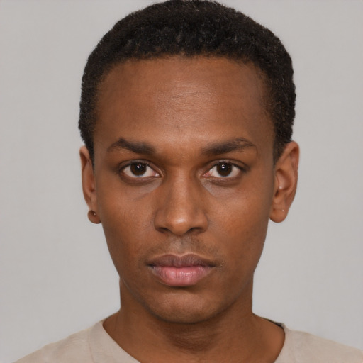 Neutral black young-adult male with short  black hair and brown eyes
