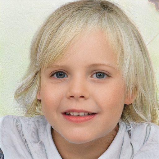 Joyful white child female with medium  blond hair and blue eyes