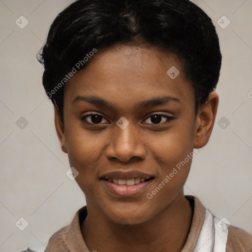 Joyful black young-adult female with short  brown hair and brown eyes