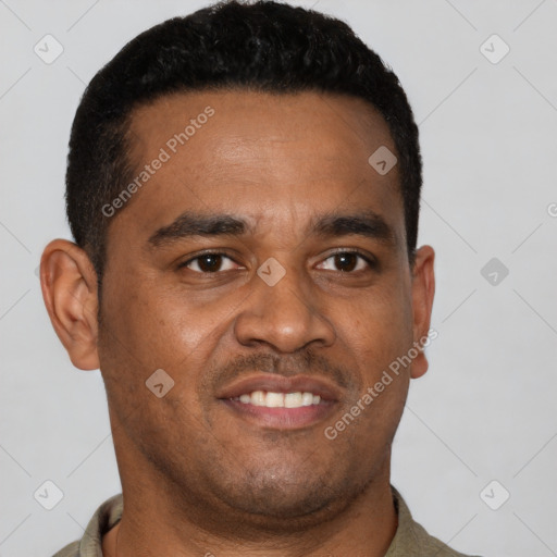 Neutral latino young-adult male with short  brown hair and brown eyes