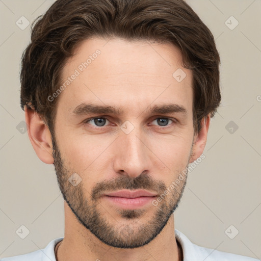 Neutral white young-adult male with short  brown hair and brown eyes