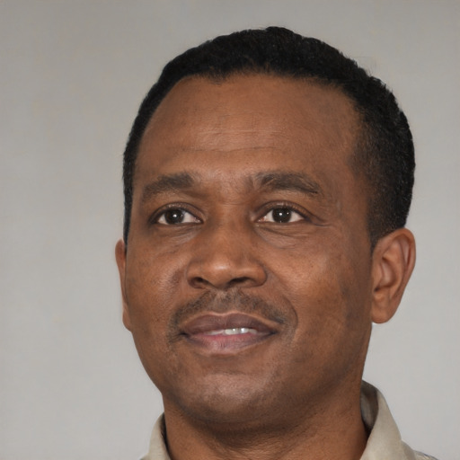 Joyful black adult male with short  black hair and brown eyes