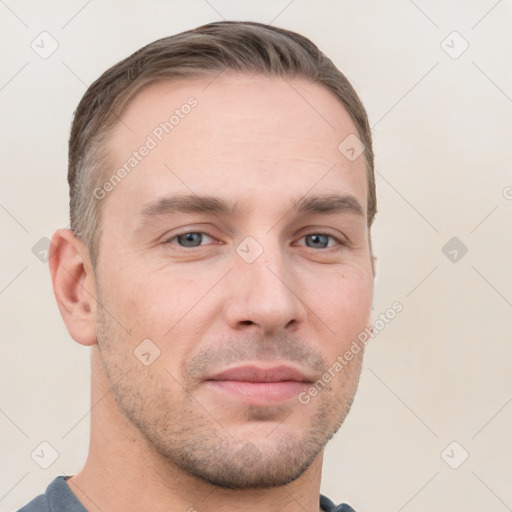 Neutral white young-adult male with short  brown hair and grey eyes