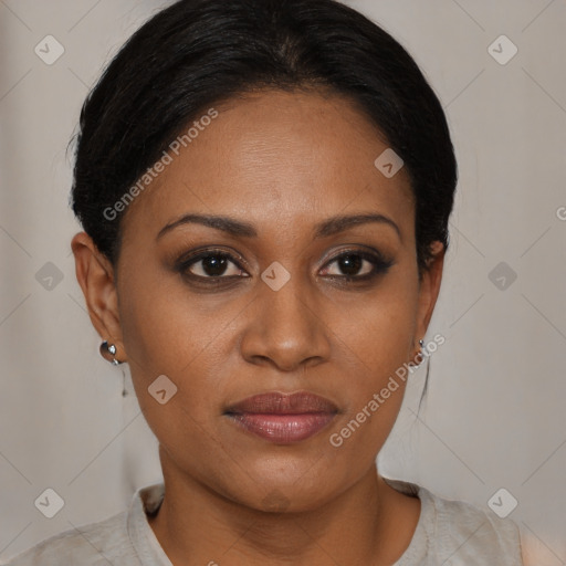 Joyful black young-adult female with medium  black hair and brown eyes