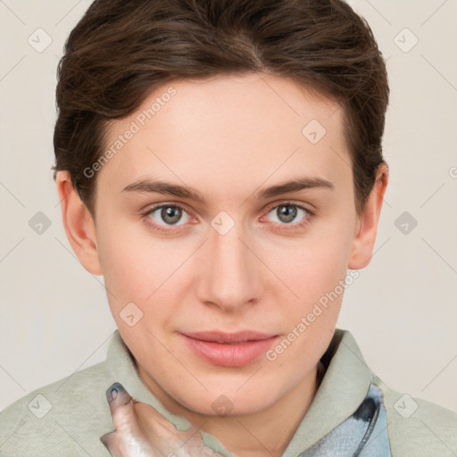 Joyful white young-adult female with short  brown hair and grey eyes