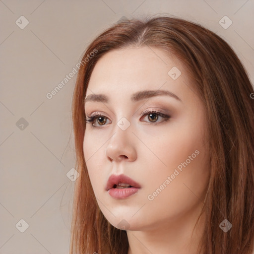 Neutral white young-adult female with long  brown hair and brown eyes