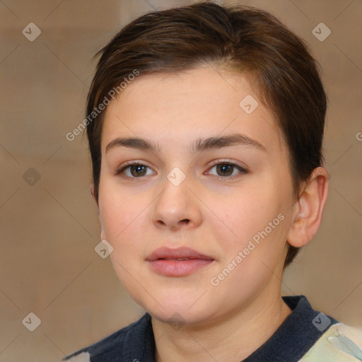 Neutral white young-adult female with short  brown hair and brown eyes