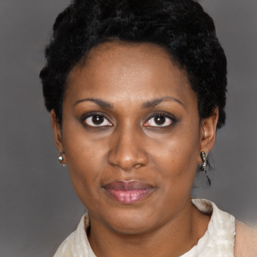 Joyful black adult female with short  brown hair and brown eyes