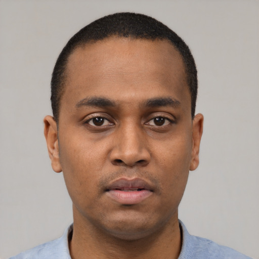 Neutral black young-adult male with short  black hair and brown eyes