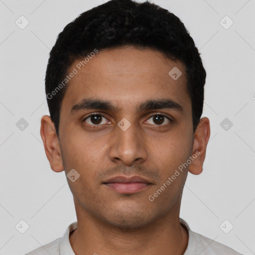 Neutral latino young-adult male with short  black hair and brown eyes