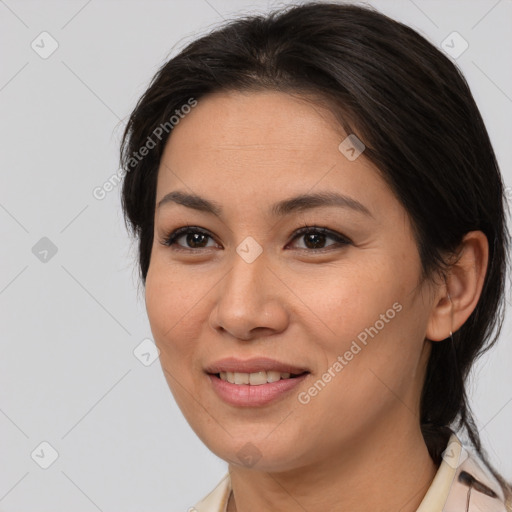 Joyful white young-adult female with medium  brown hair and brown eyes