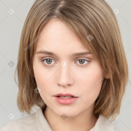 Neutral white young-adult female with medium  brown hair and brown eyes