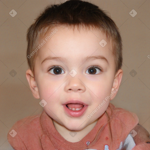 Joyful white child female with short  brown hair and brown eyes