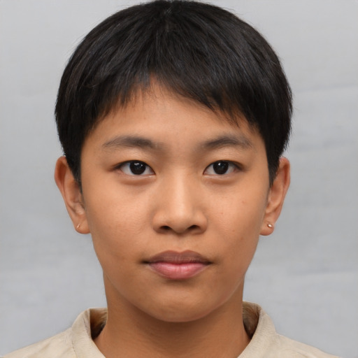 Neutral asian young-adult male with short  brown hair and brown eyes