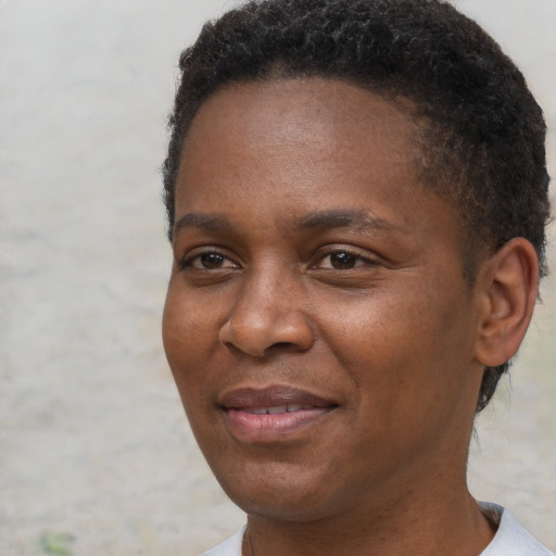 Joyful black adult male with short  brown hair and brown eyes