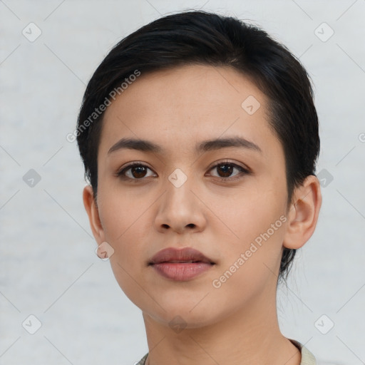 Neutral asian young-adult female with short  black hair and brown eyes