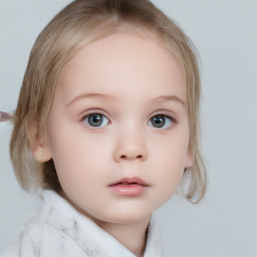 Neutral white child female with medium  brown hair and blue eyes