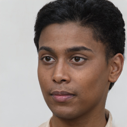 Neutral black young-adult male with short  black hair and brown eyes