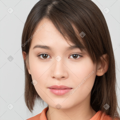 Neutral white young-adult female with medium  brown hair and brown eyes