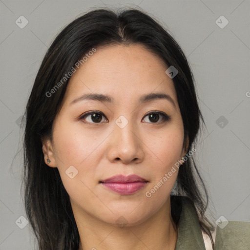 Neutral asian young-adult female with medium  brown hair and brown eyes