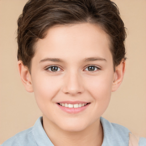 Joyful white child female with short  brown hair and brown eyes