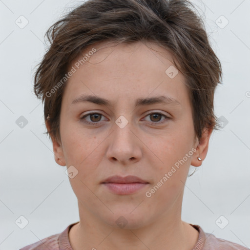 Neutral white young-adult female with short  brown hair and brown eyes