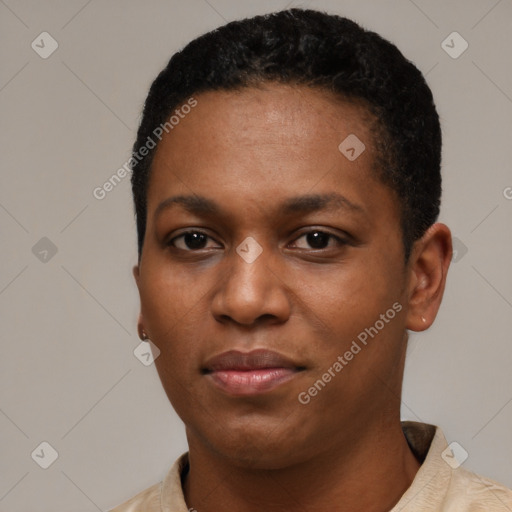 Neutral black young-adult female with short  black hair and brown eyes