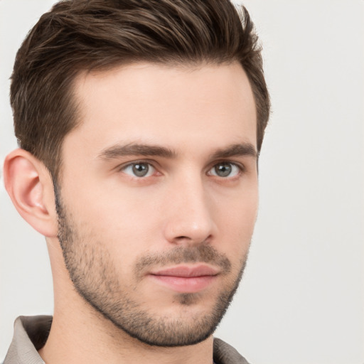 Neutral white young-adult male with short  brown hair and brown eyes