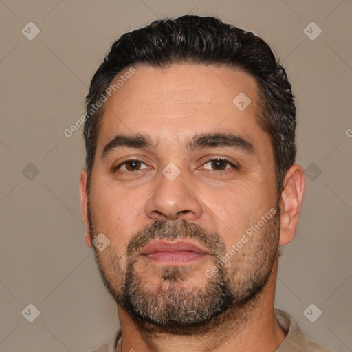 Neutral white adult male with short  black hair and brown eyes