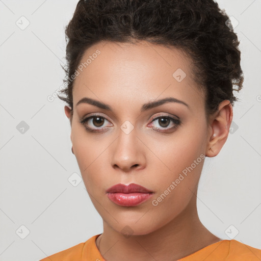 Neutral white young-adult female with short  brown hair and brown eyes