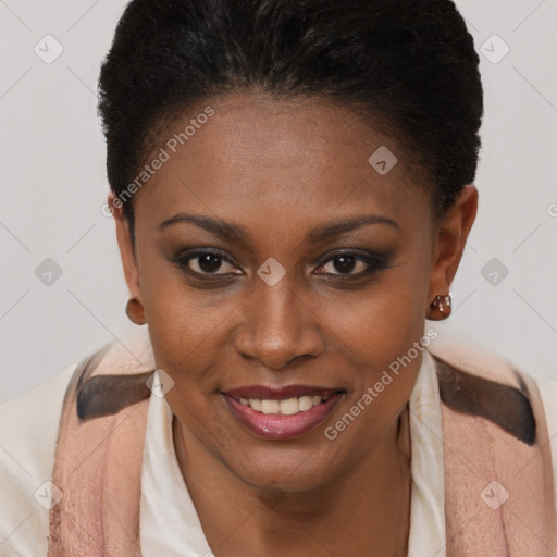 Joyful black young-adult female with short  brown hair and brown eyes