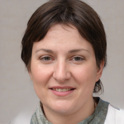 Joyful white adult female with medium  brown hair and grey eyes