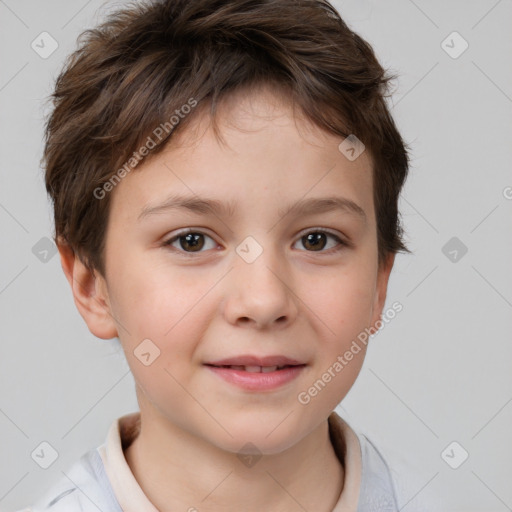 Joyful white child female with short  brown hair and brown eyes