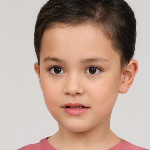 Joyful white child female with short  brown hair and brown eyes