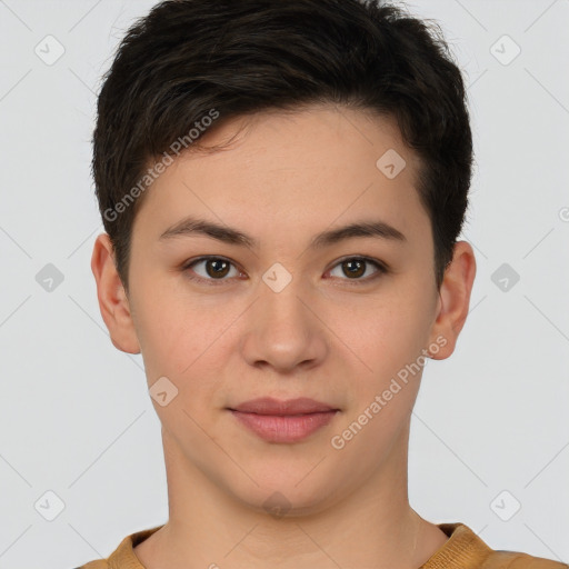 Joyful white young-adult female with short  brown hair and brown eyes