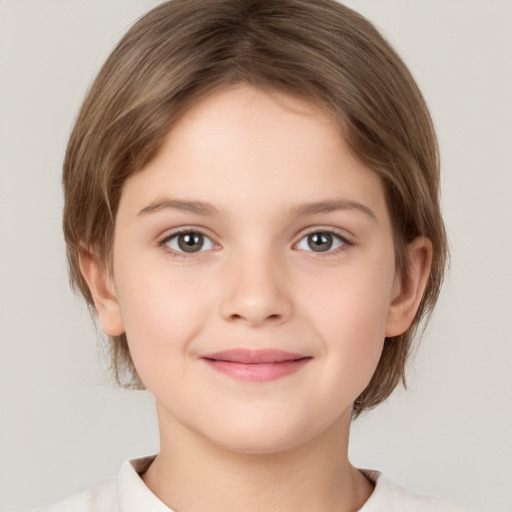 Joyful white child female with medium  brown hair and grey eyes