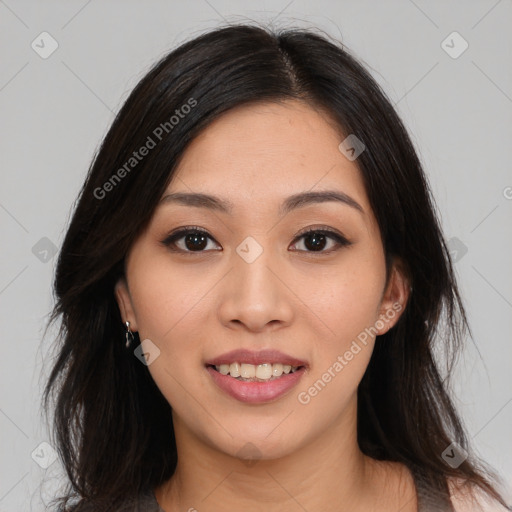 Joyful latino young-adult female with medium  brown hair and brown eyes