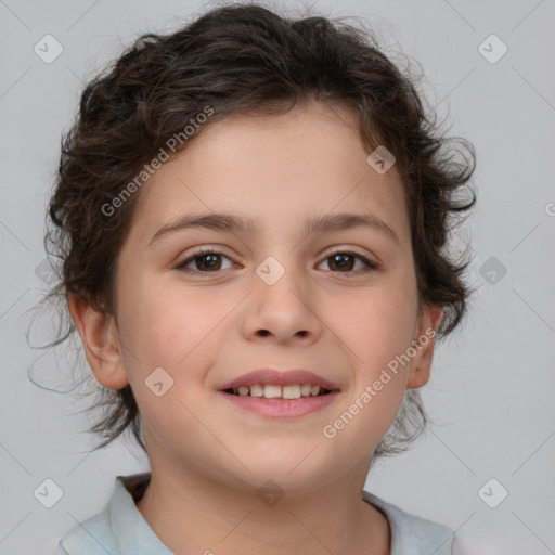 Joyful white child female with short  brown hair and brown eyes