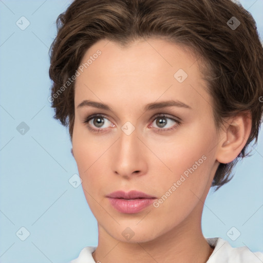 Neutral white young-adult female with short  brown hair and brown eyes