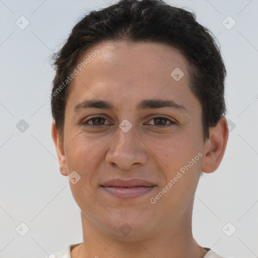 Joyful white young-adult female with short  brown hair and brown eyes