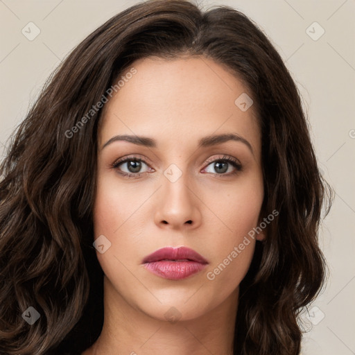 Neutral white young-adult female with long  brown hair and brown eyes