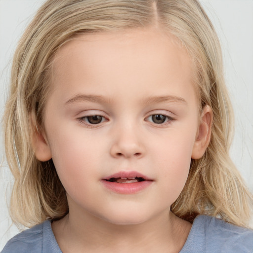 Neutral white child female with medium  brown hair and grey eyes