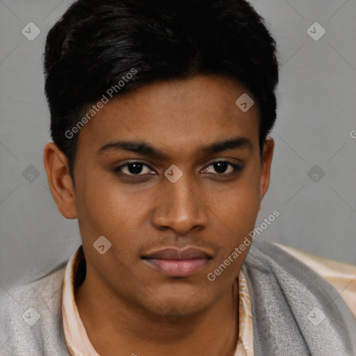Neutral black young-adult male with short  black hair and brown eyes