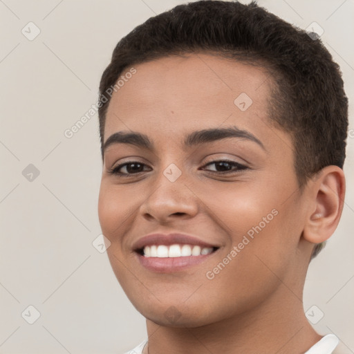 Joyful white young-adult female with short  brown hair and brown eyes