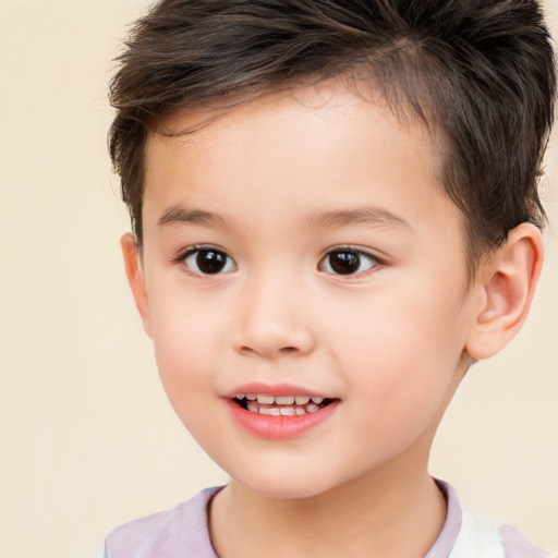 Joyful white child male with short  brown hair and brown eyes